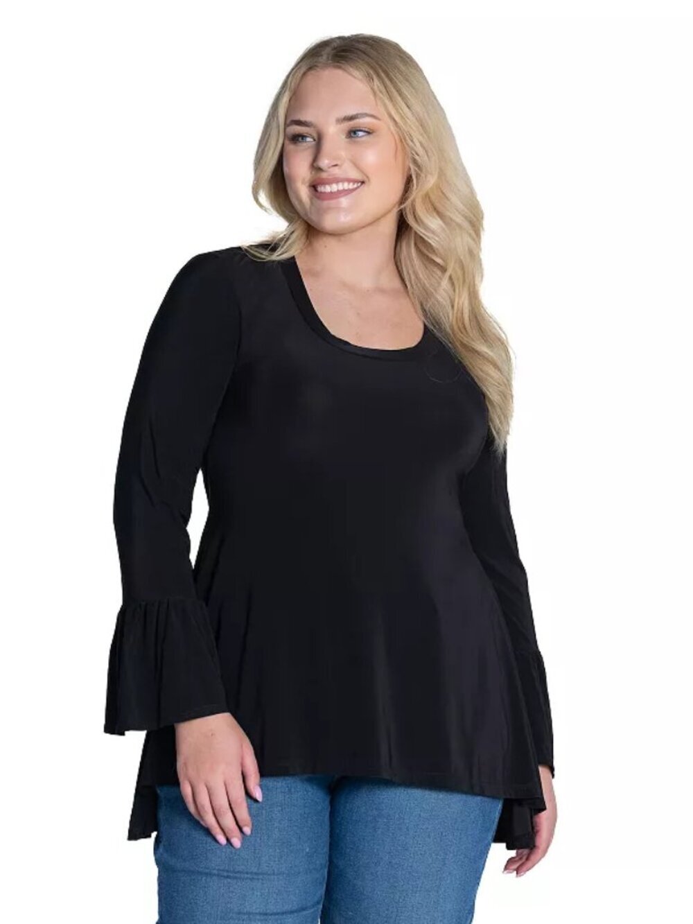 24seven Comfort Apparel Plus Size 2X Black Bell Sleeve Flared Tunic Top NWT